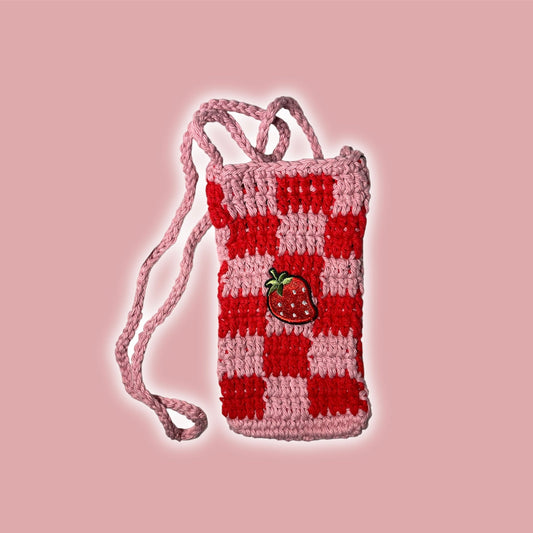 Crochet Strawberry Checkered Phone  Crossbody